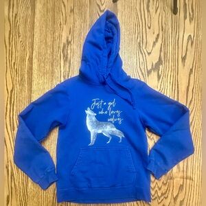 Blue Hoodie “Just a girl who loves wolves” size S small